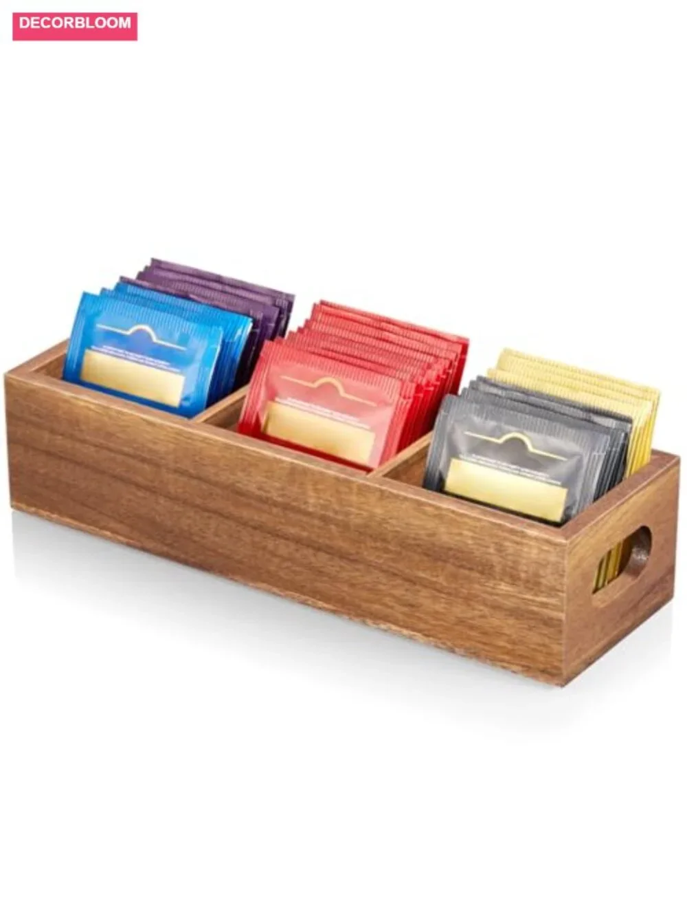 Acacia Wood Tea Bag Organizer with 3 Slots and Handles